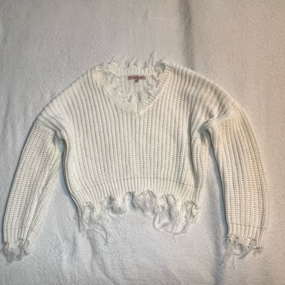 Love Tree White Distressed Knit Sweater